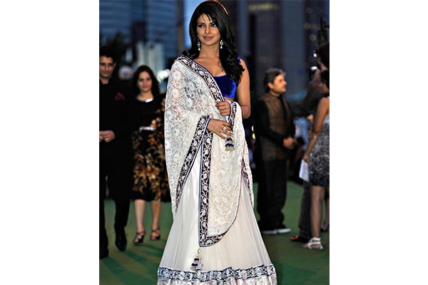 Priyanka Chopra style Japan Satin with printed white colour saree  collection at best rate