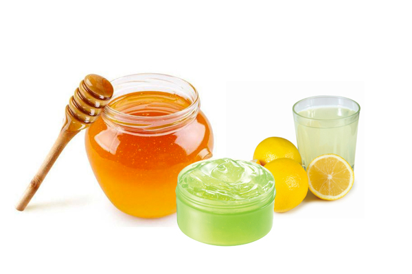 Ingredients for home made hair mask - Honey + aloe vera gel + lemon juice